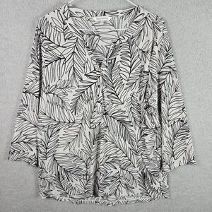 Emily Daniels Women's XL Top Palm Leaf Print Ribbed Henley Roll Tab Sleeve